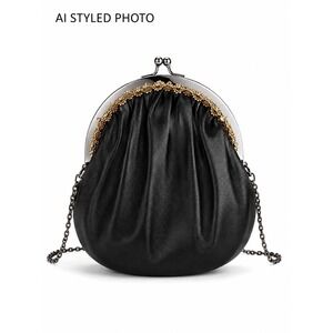 Vintage SANTI Black Kiss Lock Frame Clutch Bag Gold Floral Trim Evening